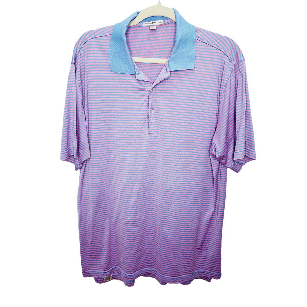 Peter Millar Polo Shirt Mens large Pink Blue Stripe Cotton Golf Preppy Old Money